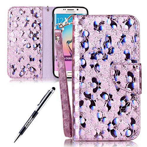 Galaxy S6 Edge Case, Galaxy S6 Edge Cover, JAWSEU Samsung Galaxy S6 Edge G925 Wallet Case Luxury Butterfly Premium PU Leather Flip Cover for Samsung Galaxy S6 Edge Protector Bumper Skin with Soft Silicone Case Credit ID Card Slots Magnetic Closure Kickstand Strap Wallet Pouch Smartphone Shell Protective Phone Case for Samsung Galaxy S6 Edge + Stylus Pen - Butterfly, Voilet
