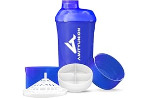 AMITYUNION Shaker Deluxe - Proteína Shaker a prueba de fugas - BPA libre y con la escala tamiz de polvo de proteína de suero cremoso sacude (azul oscuro cup 700ml)