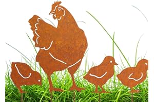 Voarge Lot de 4 piquets de jardin en métal patiné - Décoration de jardin - Poules - Rouille - Décoration pour jardin, terrasse, balcon ou pot de fleurs