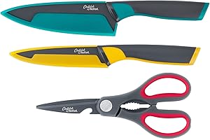 Chefclub by Tefal Nóż szefa kuchni 15 cm, nóż kuchenny 12 cm, nożyczki kuchenne 3 w 1, wbudowany dziadek do orzechów i otwieracz do butelek, ostrze ze stali nierdzewnej tytanu, powłoka