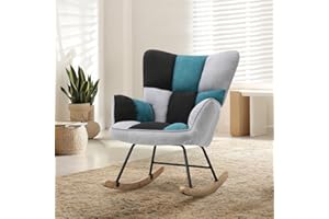 Warmiehomy Comfy Rocking Chair for Living Room Bedroom Office Relaxing Reading Nursing Chair Armchair with High Back Cozy Linen Fabric Rocking Occasional Tub Chairs, Black & Grey & Blue