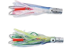 LINEA-EFFE Kit 2 Pezzi Esca Artificiale Traina Octopus Rigs Piombato Bianco/Blu + Verde/Blu con Terminale da 0.50 Lungo 7 Metri Ancorotto Doppio Amo 2/0 Dotato di Testa Piombta in Alluminio Idro Jet attirante