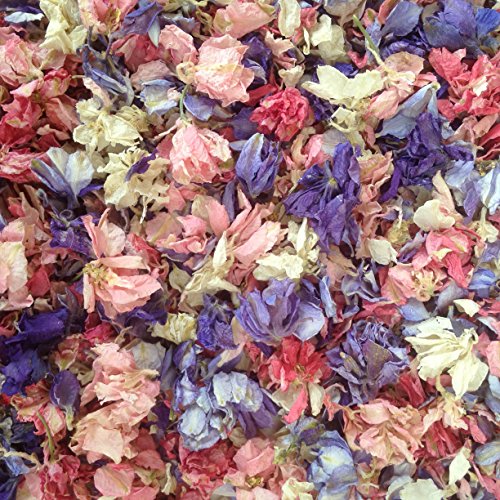 1 Liter Natur biologisch abbaubare Rittersporn Blütenblätter in gemischten Farben mit einer weißen Organza Tasche – Hochzeitskonfetti - 2