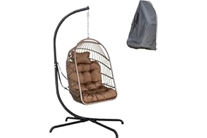 Mojia Outdoor Egg Hammock Chair With Stand, Patio PE Wicker Hanging Chair With UV Resistant Cushion and Cover for Garden, Backyards, Poolside, Bedrooms, 190KG Weight Capacity (Brown)