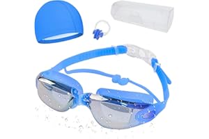 WUGU Okulary do pływania, uniseks okulary basenowe lusterko przeciwmgielne anty-UV, zintegrowana konstrukcja z czepek kąpielowy, klips do nosa, zatyczkami do uszu, dobre do surfingu, kajakarstwa, pływania (niebieski)