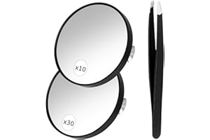Kureny Magnifying Mirror, 10/30x Magnifying Mirror, Magnifying Mirror with Suction Cup and Tweezers, Travel Magnifying Mirror, Compact Eyebrow Plucking Mirror Set