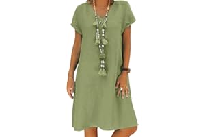 TINCINI Letnia sukienka damska, lniana, na co dzień, dekolt w serek, sukienka midi, krótki rękaw, trapezowa, sukienka plażowa, bez akcesoriów