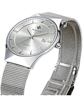 Souarts Edelstahl Kalender Wasserdicht Armbanduhr Quartzuhr Analog Armreif Uhr mit Batterie