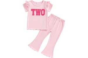 MAHUAOYIXI Baby Girl 2Pcs Birthday Outfits Short Sleeve Letter Embroidery Tops + Flare Pants Set Toddler Girls Clothes Girls Birthday Clothing Set