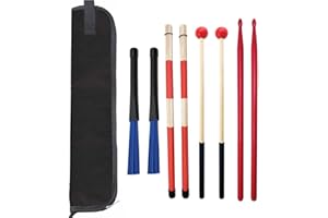 TUOREN Drum Stick Bag Drum Stick Storage Hanging Bag with 4 Pair Drum Sticks Set includes Jazz Nylon Brushes + Bamboo Rods Drum Brushes + 5A Nylon Drum Sticks + Holzschlägel Rot