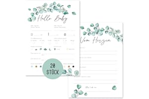 Things of Happiness 20 x Babyparty Ratespiel Karten zum Ausfüllen | Baby Tippkarten Jungen & Mädchen | Spiel Babyshower Party | Geschenk Geburt mit Wünschen fürs Baby (Eucalyptus)