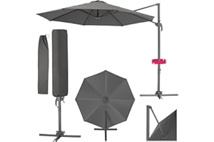 TecTake® Cantilever Garden Parasol 3m with 50+ UV Protection, Water-Repellent Fabric, 360 Degree Rotation, 6 Tilting Angles, Hand Crank - Sun Umbrella Inc. Protective Cover - for Outdoor Patio - Grey