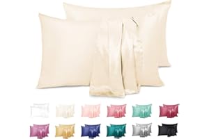 Duerer Set di 2 Federe in Raso, 50 x 76cm Coppia Federe Cuscino Letto Morbida Microfibra per Capelli e Pelle, Antiacaro e Ipoallergenico, Chiusura a Busta, Beige