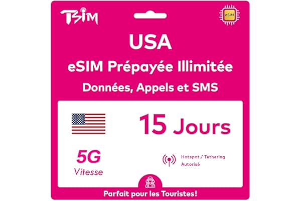 USA eSIM 15 Jours. Réseau T-Mobile avec Données Illimitées à Haute Vitesse, Appels Locaux et SMS aux USA (Hawaï Inclus). Recevez eSIM Même Jour par Email et Commencez à Utiliser Immédiatement!