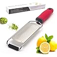 Baskety Lemon Zester & Cheese Grater - Parmesan Cheese, Lemon, Ginger, Garlic, Vegetables, Fruits - Razor-Sharp Stainless Steel Blade Protective Cover, Dishwasher Safe 12 Inch Flat (RED)