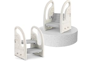 Onasti Sgabello a due gradini per bambini, Scaletta gradini, Sedile per Addestramento per WC, Multifunzione, Regolabile in Altezza, Con braccioli, Antiscivolo - Da 1.5 a 5 Anni circa (Grigio)