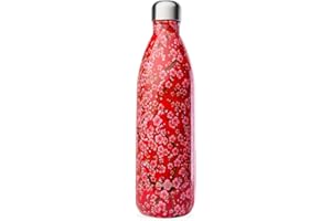 Qwetch - Bouteille Isotherme Originals Flowers Rouge 1L - 24h Froid et 12h Chaud - Etanche & Réutilisable - Gourde inox isotherme pour Sport, Voyage, Bureau, Randonnée
