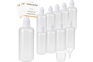 Hinrichs 10 x 100ml Liquid Flaschen mit Trichter, Messbecher und Etiketten - Leere Quetschflasche zum Mischen, Nachfüllen & Dosieren - Tropfflasche Squeeze Bottle - Dosierflasche klein Set