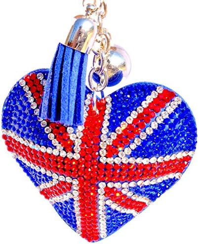 Large Hand Bag Charm with Keyring Rhinestone on Golden Metal New (Union Jack Heart on Cushion)
