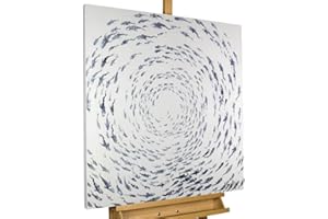 KunstLoft Leinwandbild | 100% HANDGEMALT | 80x80cm | Gemälde 'Im Sog des Fischschwarms' | Fische & Meerestiere | Grau Weiß | Wandbild Wohnzimmer gerahmt