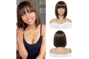 QIHANG Perruques de cheveux humains Bob courts avec frange 12/10 pouces naturel noir/brun ombré aucune perruques avant de lacet perruque de cheveux raides brésilienne pour les femmes noires (F4/30, 10)
