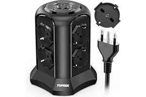 TOPREK Ciabatta Multipresa Verticale con 8 Prese Universali ITA 10/16A e Schuko e 2USB C e 2 USB-C 20W PD3.0 Ricarica Rapida, 4000W/16A, con Interruttore, 2M Cavo, (Nero)