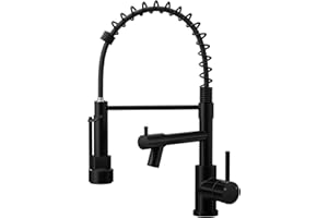 Warmiehomy Professional Kitchen Tap,High Arc Kitchen Taps with Pull Out Sprayer,360° Swivel Double Spouts Spring 1 Hole Sink Taps Mixer for Kitchen,Black