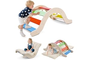 STYPLZ 2 en 1 Arche d'escalade avec accoudoirs, Arche d'escalade en Bois avec Coussin, Bois Naturel, Tapis de Pied antidérapant, Renforts de tiges, Arche Montessori bébé 1-6 Ans