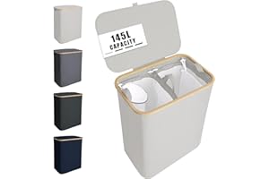 NOSTHEART Panier à Linge 2 Compartiments 145L Corbeille à Linge Pliable avec Couvercle & Bambou Poignée, Panier à Linge Sale pour Sale Vêtements, XL Blanc Cassé