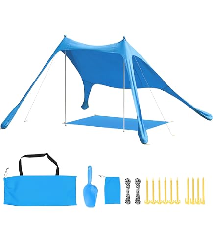 WEKAPO Tenda da spiaggia parasole facile da montare con 4 pali robusti, grandi sacchi di sabbia e pala, 2,1 m di altezza, tenda da sole antivento per