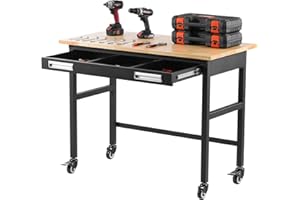 VEVOR Établi de 1220 mm, Table de Travail avec tiroir Coulissant et roulettes, capacité de Charge de 680 kg, Table Roulant Robuste avec Plateau en Bois de chêne pour Garage, Atelier, Bureau et Maison