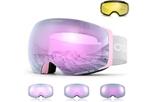Odoland Unisex Ski Goggles for Men & Women - Photochromic Frameless Snowboard Goggles with Magnetic Interchangeable Lens, UV 400, Anti-fog, Helmet Compatible for Skiing