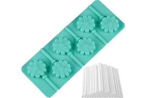 WishesMar Moules à Sucettes en Silicone 6 Cavités Forme de Rainure de Fleur Livré avec 50 Bâtons - Fabrication de Sucettes Antiadhésif de Cuisine Moule pour Popcakes, Chocolat, Bonbon, Cake Pops