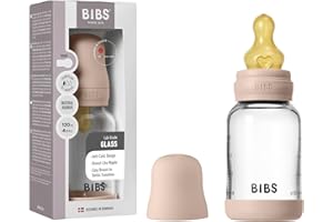 BIBS Baby Glass Bottle. Anticólicos. Tetina redonda de látex de caucho natural. Favorece la lactancia natural, 120ml, Complete Set - Blush