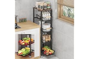 CarolynDesign Cestini in filo metallico con ruote, portaoggetti da cucina, impilabili, per carrello di frutta e verdura, con tappetino in legno rimovibile, per bagno, garage e dispensa