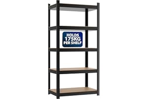ZENO Garage Shelving - 5 Tier | Garage Shelving Unit | Heavy Duty Warehouse Racking Shelves | Metal Shelving Units | Industrial Racking | Holds 175KG Per Tier (Black, Regular)
