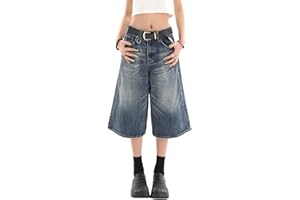 Lafaguw Jean court pour femme et homme - Taille haute - Jambe large - Baggy Jorts Y2K - Décontracté - Pantalon capris en denim - Vêtements d'été grunge.
