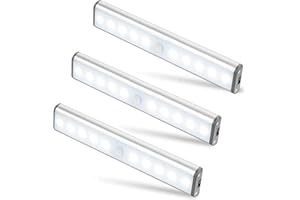 Moston Lot de 3 Lampes 10 LED, Sans Fil, Rechargeable par USB, Aimanté, Détecteur de Mouvement, 2 Modes d’Éclairage, Portable. Lumière de Placard, Baladeuse de Secours, Veilleuse Enfant, Appoint …