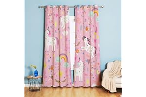 Koudi Kinder Rosa Vorhänge Einhorn Sterne Gardinen mit Ösen für Mädchenzimmer, Kinderzimmer, Babyzimmer 210 × 132cm (H × B)