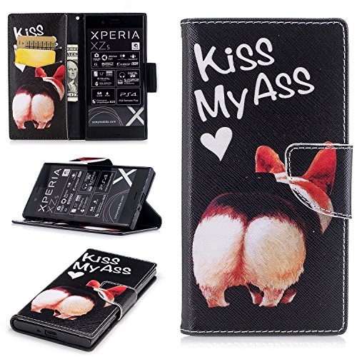 Sony Xperia XZ Case,Sony Xperia XZ Case Leather ,Sony Xperia XZ Case Wallet -COZY HUT Colorful Painting PU Leather Notebook Design Flip Cover Folio Inlaid Inner Soft TPU Case with [Card Slot] [Built Stand] [Magnetic Closure][Wallet Function] Protective Skin Durable Case for Sony Xperia XZ Model - Kiss My ASS