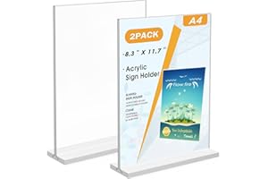 Flow fire A4 Acrylic Sign Holder, 2 Pack T-Shape A4 Clear Perspex Display Stand, Double-Side Menu Poster Sign Holder for Office Store Restaurant