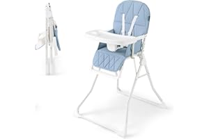 Maxmass Foldable Baby Highchair, Infant Dining Chair with 3-Position Adjustable Tray & Footrest, Removable Seat Cushion, 5-Point Safety Harness, Portable High Chair for Babies and Toddlers (Blue)