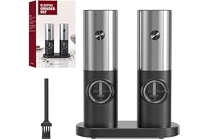 CIRCLE JOY Salz und Pfeffermühlen Elektrische 2er Set Batteriebetriebenen Gewürzmühle mit Basis, Weißem LED-Licht und Einstellbarer Grobheit, Silber Schwarz