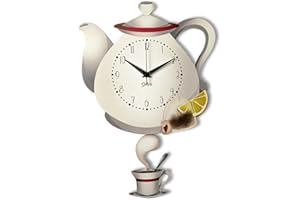 DEKORI Orologio da parete a forma di teiera, con pendolo, preciso e silenzioso. Ideale per un regalo o come sfizioso complemento d'arredo.