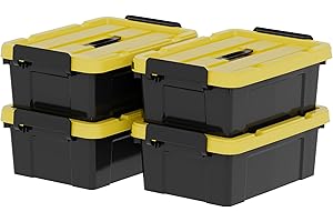 Cetomo Lot de 4 boîtes de rangement en plastique avec couvercles, poignée et boucles de verrouillage pour outils, jardin, garage, maison, durable, robuste, empilable, gigogne, noir et jaune, 15 l