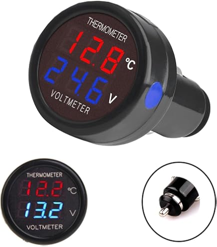 Thermometre Voiture Testeur Tension DC Voltmètre & Thermomètre Voiture 2-en- 1 | DC 12V/24V | Écran LCD Rouge/Bleu Testeur Batterie Auto Numérique Jauge Voltmètre LED