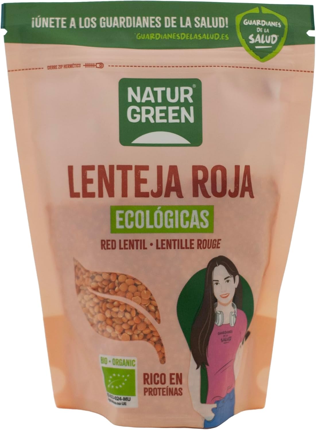 NaturGreen - Lentejas Rojas Bio, 500 g, Agricultura Ecólogica, Alto Contenido en Proteína y Fibra, Ideal para Cremas, Sopas y Salsas, Bajo Contenido en Sal, Contiene Gluten
