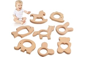 TYFYH 8 Stück Baby Beißring Holz, Holztiere Baby Beißring Baby Holzfiguren, Natürlich Kinder Beißring Holzring für Babys Kinderpflege, Holz Armband DIY Handwerk