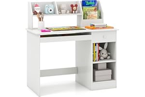 GOPLUS Escritorio Infantil de Madera con Cajón, Mesa Juvenil con 4 Estantes Abiertos, Bandeja para Teclado, 3 en 1 Escritorio para Niños con Dispositivo Antivuelco, 90 x 45 x 90 cm (Blanco)
