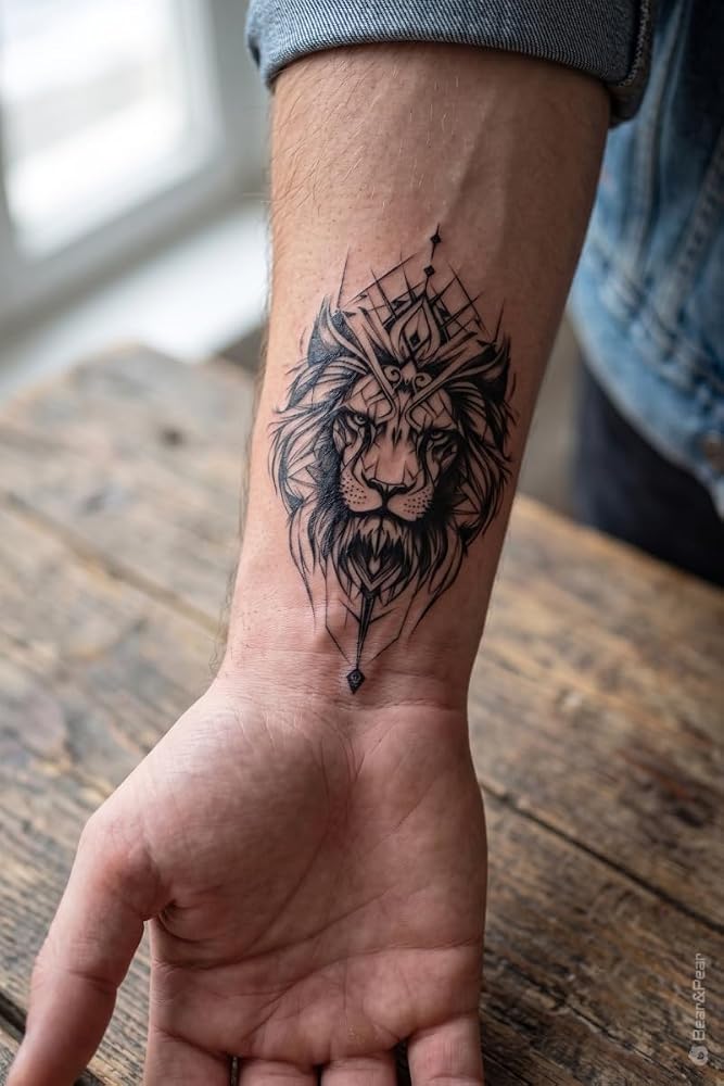 Geometrik Aslan Başı Temalı Minimalist Geçici Dövme | Suya dayanıklı dövme